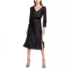 V-Neck Sequinned Midi Dress with Velvet Belt